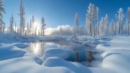 Fototapeta premium Snowy forest pond sunrise winter landscape, reflection