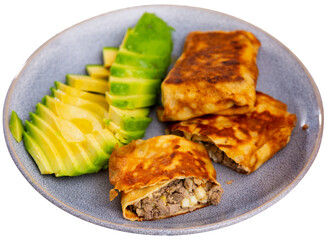 Appetizing baked pancakes stuffed with liver and egg served with avocado on plate. Isolated over white background