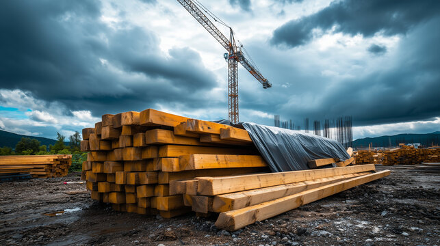 Neatly stacked wooden beams covered by a gray tarp, surrounded by a mix of construction debris and materials, with a crane towering in the distance under a cloudy sky.