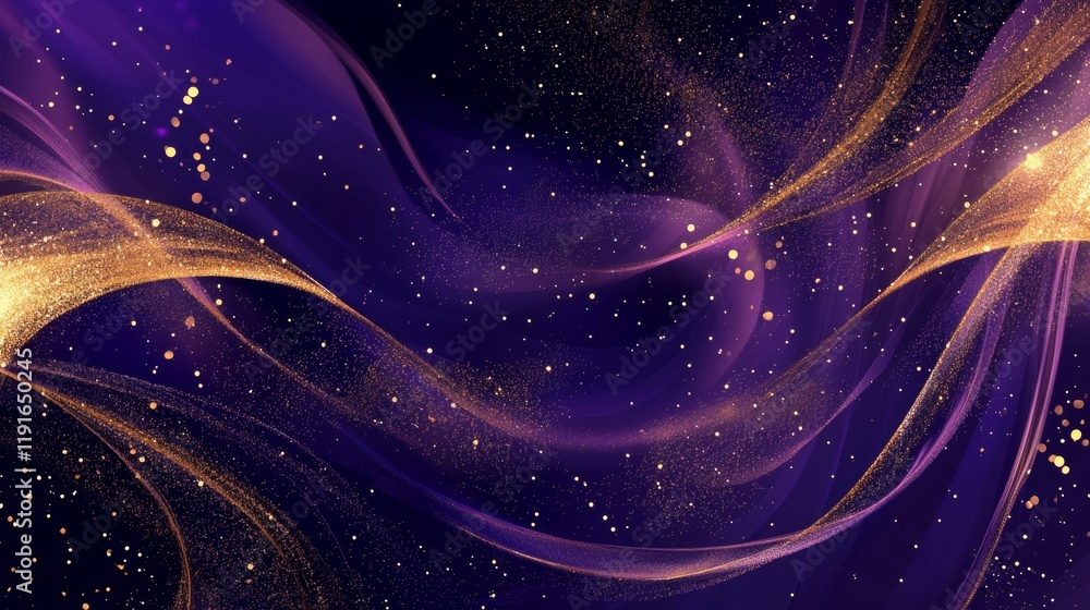 Poster golden particles and glittering bokeh are flowing on a purple abstract background creating a magical