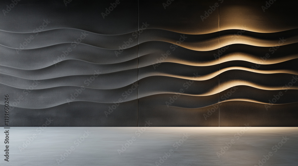 Poster textured architectural bricks with wave-like patterns displayed in a minimalist studio setting, high