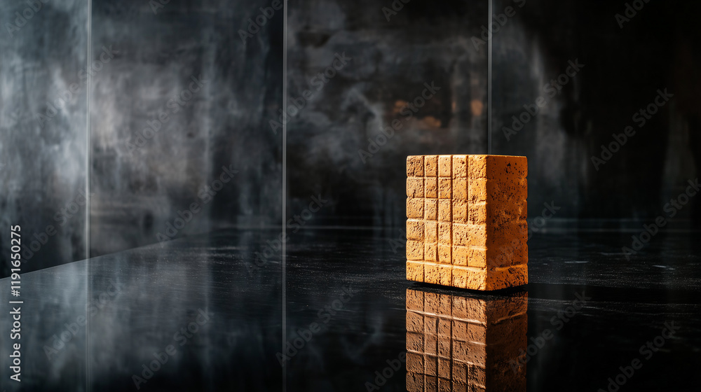 Poster a single architectural brick with a bold, abstract pattern placed on a reflective black surface, ill