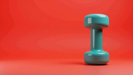 Turquoise dumbbell on right. Blue dumbbell fitness equipment on red ba