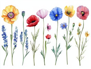 Watercolor Summer Collection of Wildflowers with Leaves, Twigs, Cornflower, Branches, Poppy, and Buttercup for Floral Arrangements and Decor