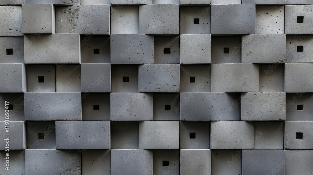 Poster architectural bricks with perforated patterns arranged neatly on a matte gray surface, evoking a sen