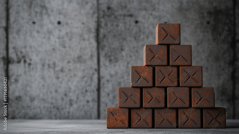 Poster a pyramid stack of bricks with embossed abstract patterns, set on a minimalist concrete background, 
