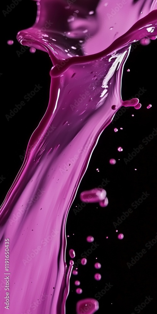Poster purple liquid splashing and creating a dynamic, abstract shape against a deep black background, gene