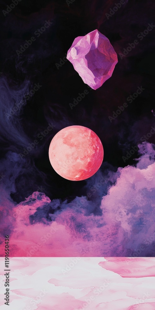 Poster surreal vertical banner featuring a pink planet and a polygonal asteroid floating in a vibrant nebul