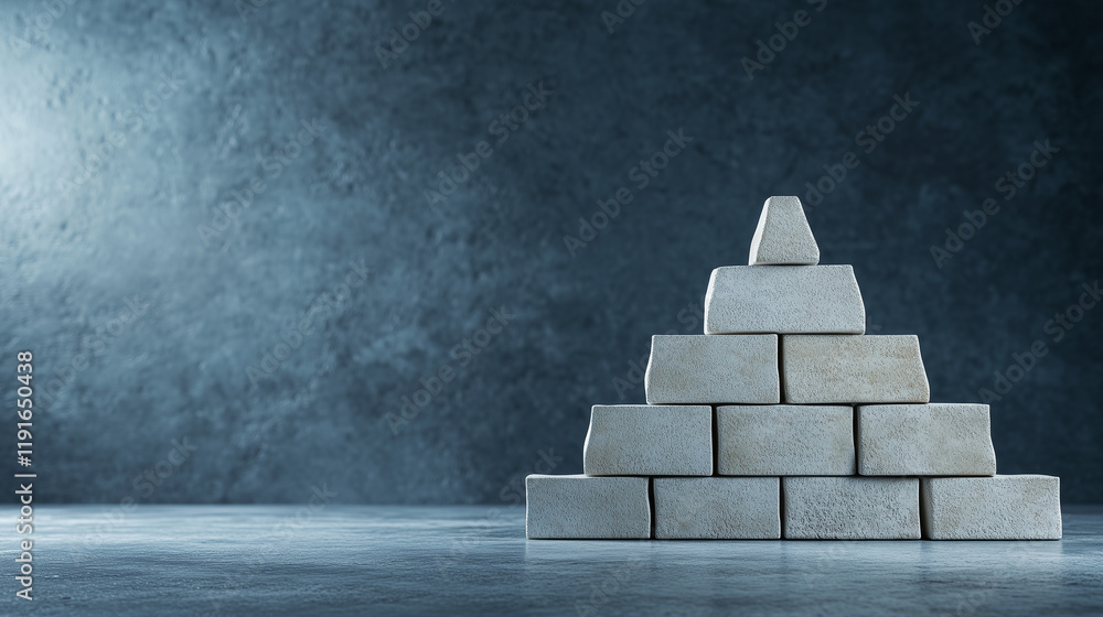 Poster a pyramid stack of bricks with embossed abstract patterns, set on a minimalist concrete background, 