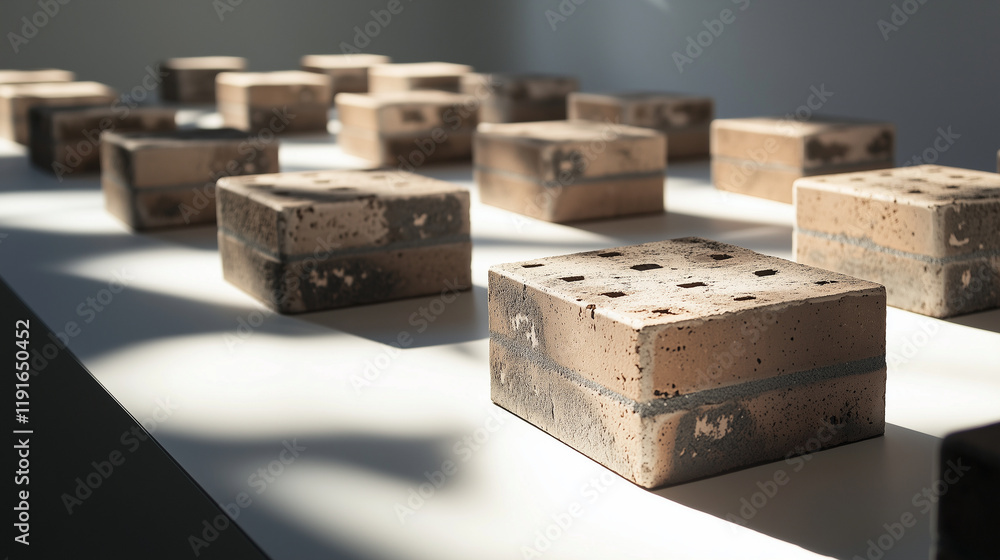 Aufkleber architectural bricks featuring intricate interlocking patterns displayed on a white table, with ligh