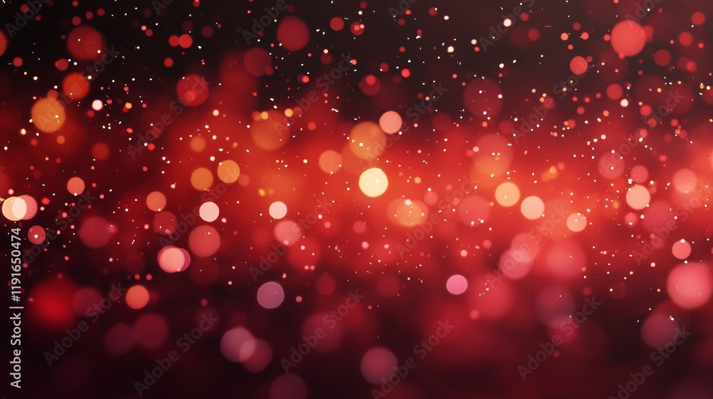 Poster red bokeh lights and glitter falling on a dark background create a festive and magical atmosphere, p