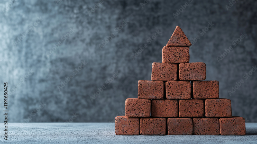 Poster a pyramid stack of bricks with embossed abstract patterns, set on a minimalist concrete background, 