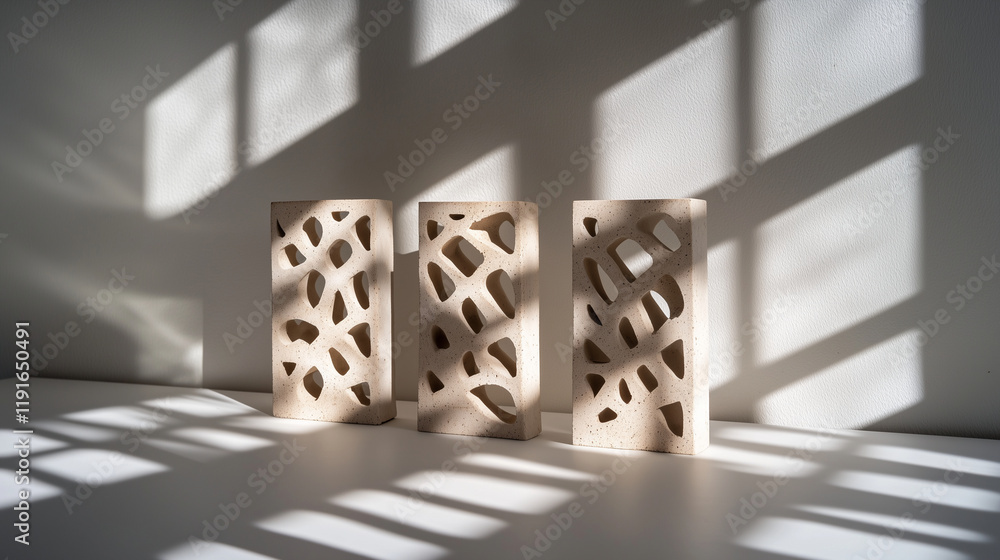 Poster architectural bricks featuring intricate interlocking patterns displayed on a white table, with ligh