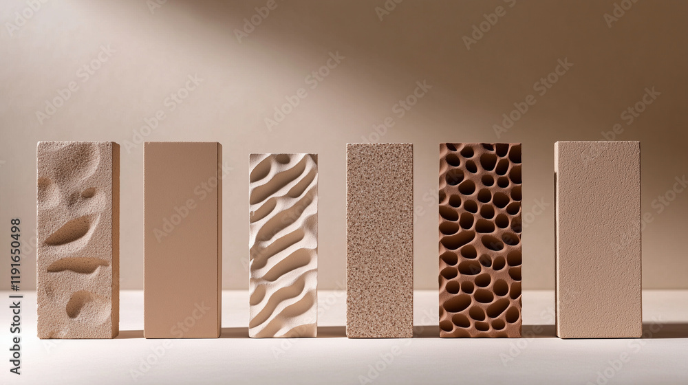 Poster a lineup of uniquely patterned bricks with organic shapes, placed on a soft, neutral background to e