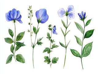 Watercolor Summer Collection of Wildflowers with Leaves, Twigs, Cornflowers, Branches, and Flowers - Botanical Set for Spring and Summer Themes