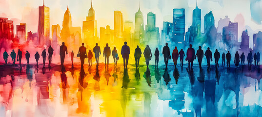 Colorful Watercolor Silhouettes of People Walking in the City Skyline