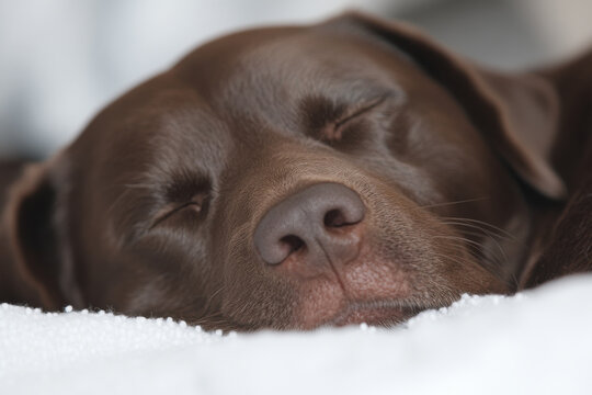 A brown dog is sleeping on a white blanket