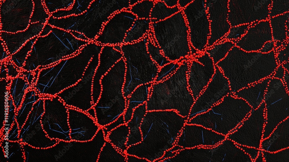 Poster meticulously arranged red dots on a black canvas create intricate patterns resembling veins or neura
