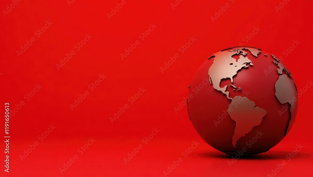 Poster earth globe in red on left. soft coral background. copy space for text, 3d render ai generated desig