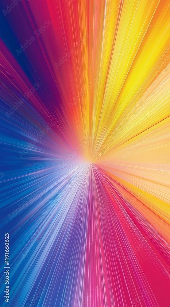 Poster colorful rays of light converging in the center form a dynamic and vibrant starburst, creating an ab