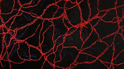 Meticulously arranged red dots on a black canvas create intricate patterns resembling veins or neural pathways, offering a striking visual texture that captivates the eye