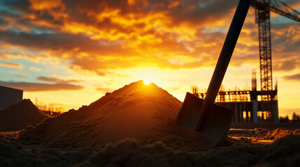 A pile of golden sand with a sturdy metal shovel leaning against it, framed by the silhouette of a partially constructed building under a vibrant sunset sky.