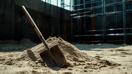 A mound of fine sand with a weathered wooden-handled shovel resting on it, set against a backdrop of scaffolding and an unfinished concrete structure.