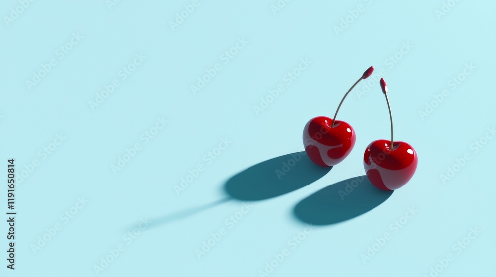 Poster two shiny red cherries with stems are casting shadows on a minimalist light blue background, creatin
