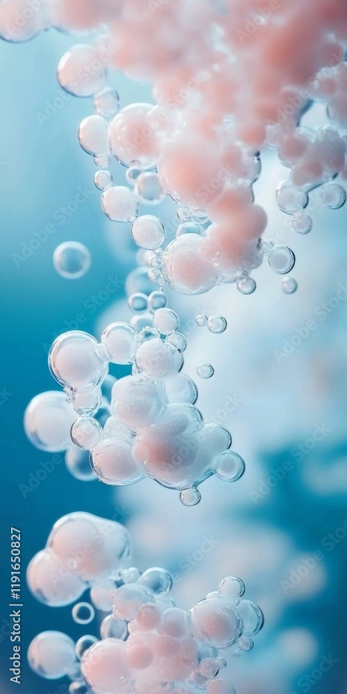 Poster clusters of transparent bubbles, some filled with a white substance, float in a blue liquid, creatin