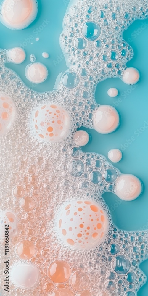 Poster white foam with orange spots is making many bubbles of different sizes floating on turquoise water, 