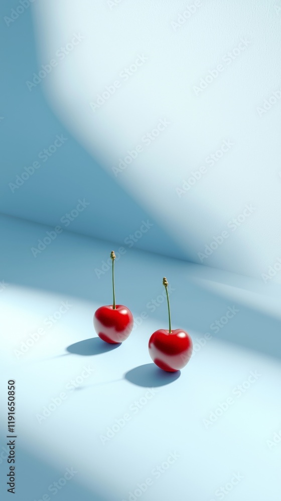 Poster two shiny red cherries with stems are placed on a smooth light blue surface, casting long shadows un
