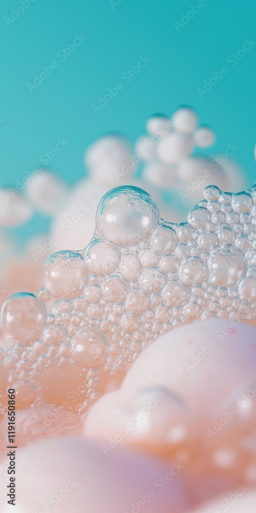 Poster close-up macro photograph capturing intricate details of soap foam bubbles, forming a textured surfa