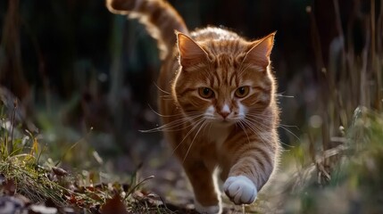 Orange tabby cat walking outdoors, sunlight.
