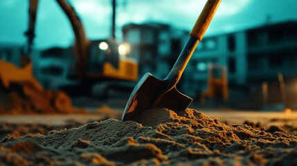 The vibrant texture of a sand heap with a rugged shovel leaning against it, set amidst a scene of active construction and machinery.