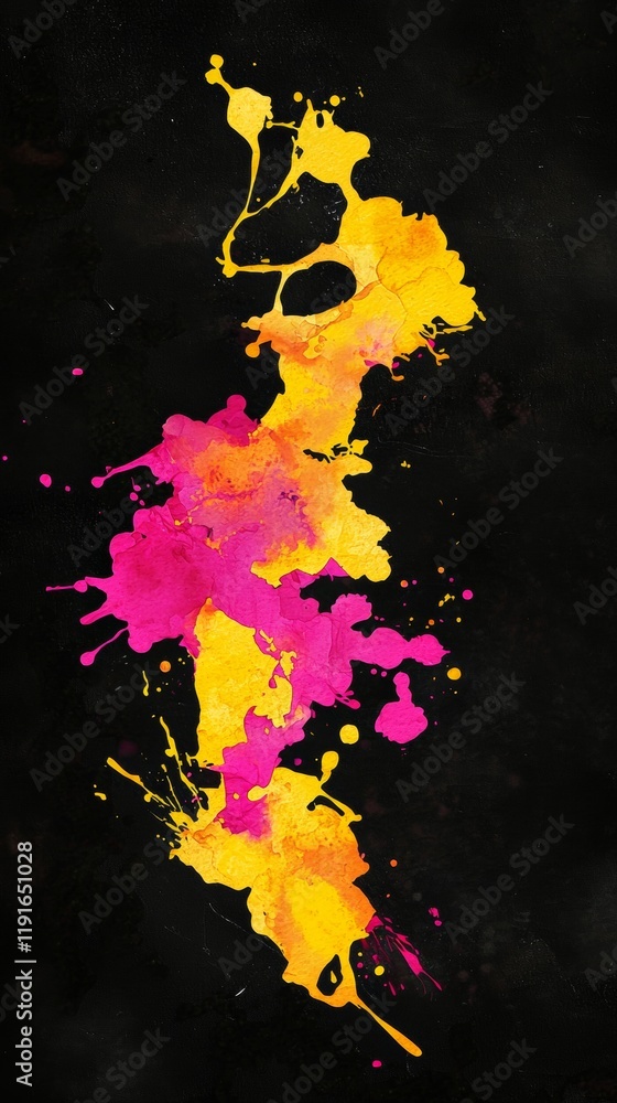 Poster yellow and pink paint splashing against a dark background creates an abstract design full of dynamic