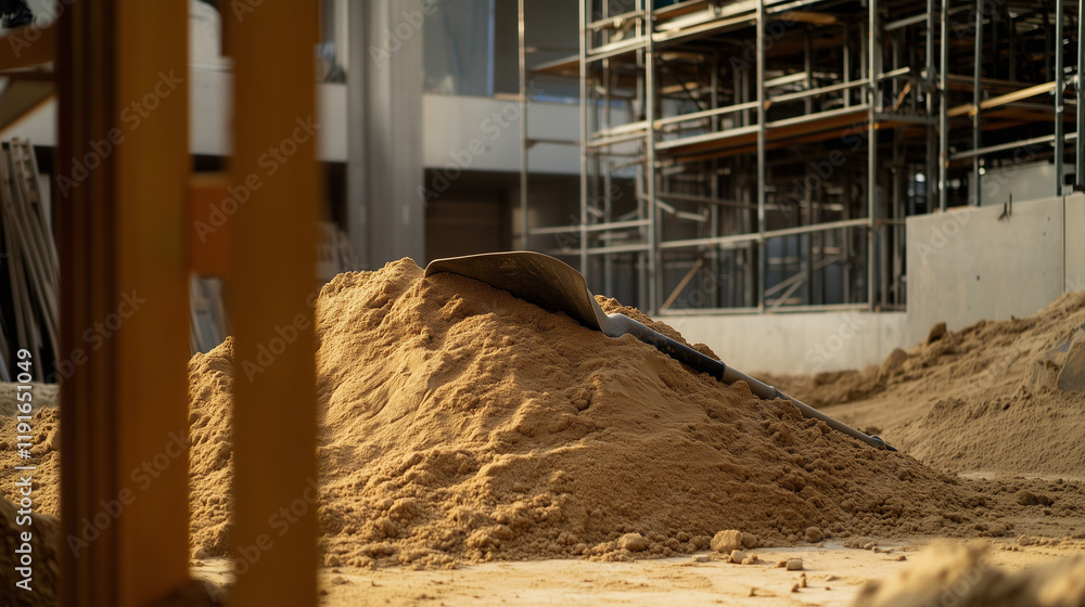 Poster a large sand mound with a heavy-duty shovel resting against it, framed by the angular shapes of scaf