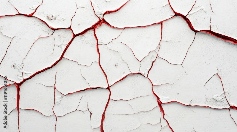 Poster close-up view of a cracked white surface revealing a vibrant red layer underneath, forming an intric