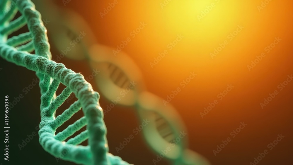 Poster glowing green dna strand on left. soft orange background. copy space for text, 3d render ai generate