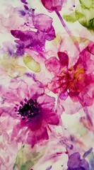 Loose, expressive brushstrokes create a vibrant floral composition, blending shades of pink, purple, and green in a beautiful watercolor painting