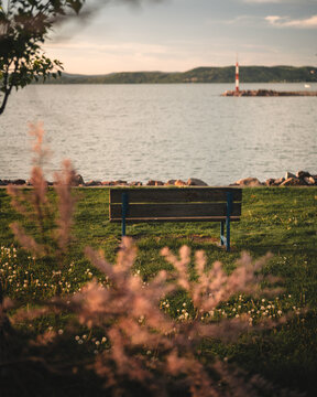 View on lake Balaton in spring with bench