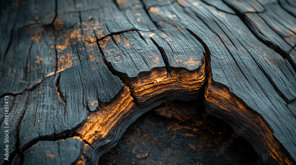 Aufkleber textured surface of a weathered tree trunk showing deep cracks and warm light glowing