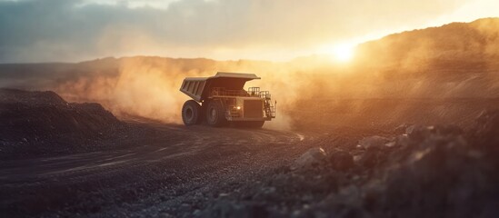 Massive yellow dump truck hauling tons of minerals and aggregates through a rugged open pit quarry landscape at sunrise  The truck kicks up a cloud of dust as it traverses the dirt and gravel road