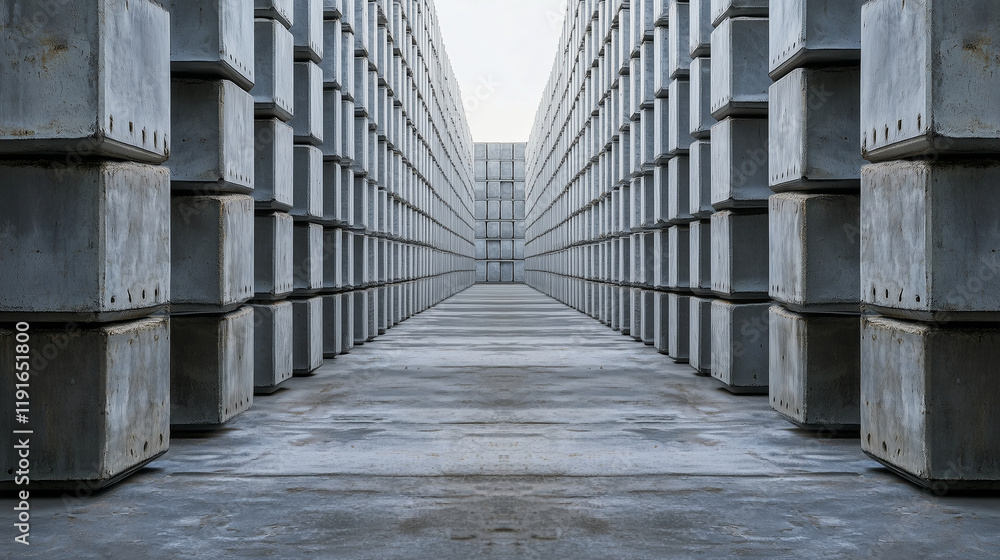 Poster symmetrically arranged stacks of hollow concrete blocks, with sharp edges and defined cavities, set 