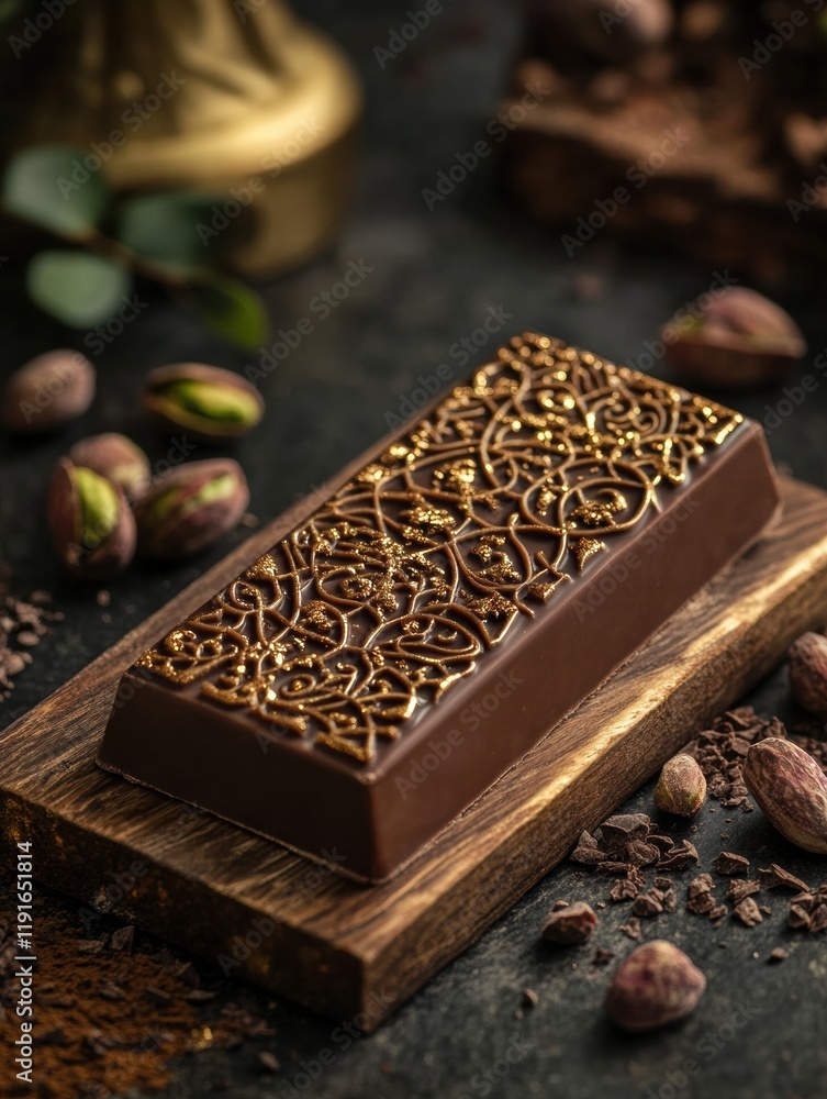 Poster pistachio filled chocolate bar adorned with intricate arabesque patterns and golden embellishments. 