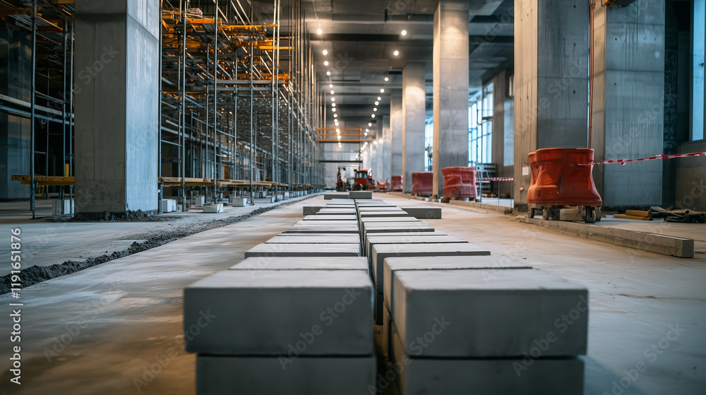 Poster precise rows of hollow concrete blocks stacked on a concrete floor, surrounded by scaffolding and co