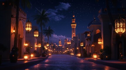 Nighttime scene of a Middle Eastern city street illuminated with hanging lanterns