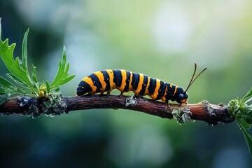 Naklejka premium Striped caterpillar crawls twig, green foliage blurred.