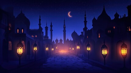 Mystical Night in an Arabian City with Lanterns and Crescent Moon under a starry sky