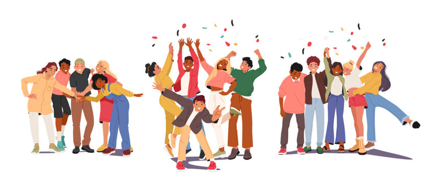 Group of happy teenagers celebrating holiday, partying or clubbing together cartoon scene set