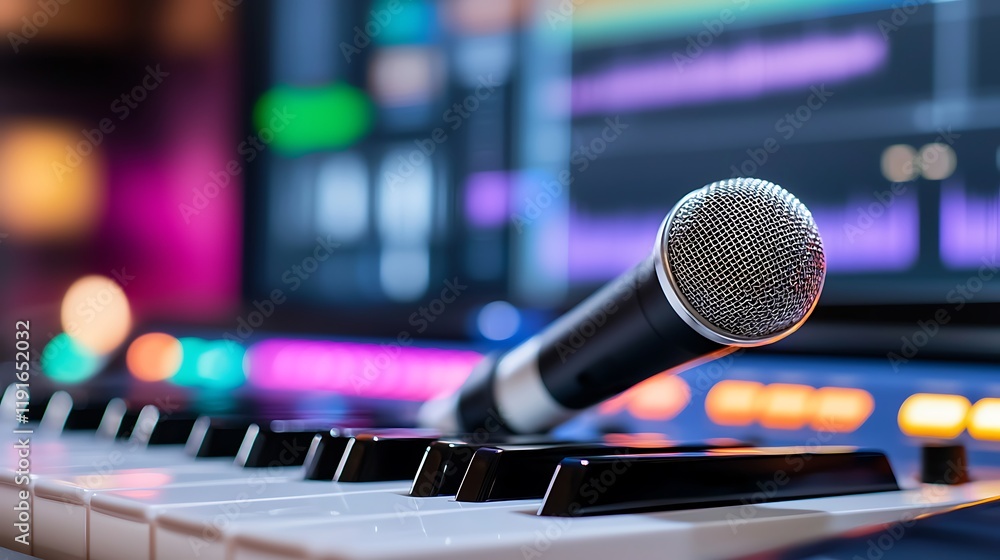 Poster close-up of microphone on keyboard in recording studio.